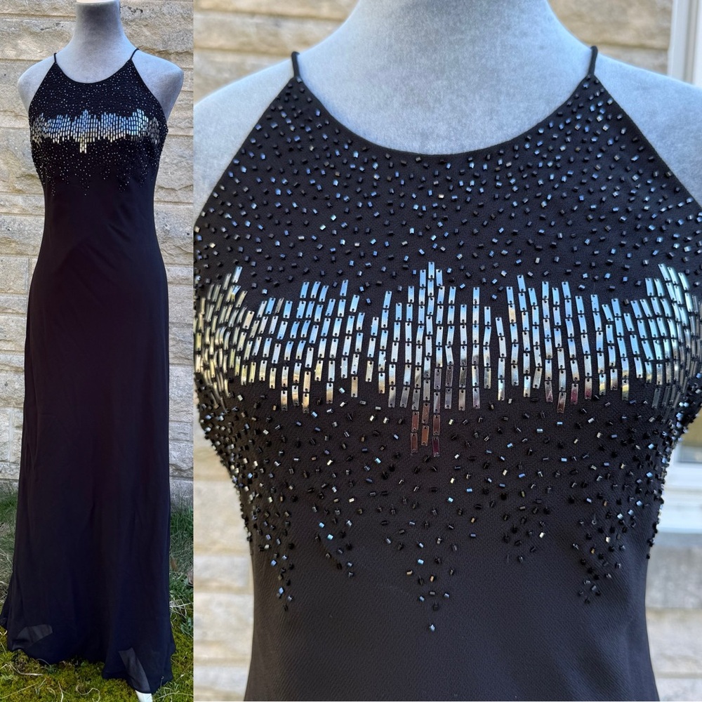 Vtg Y2K Cachet Dress Sz 4 Black Beaded Formal Maxi Evening Gown Prom 1990s Goth